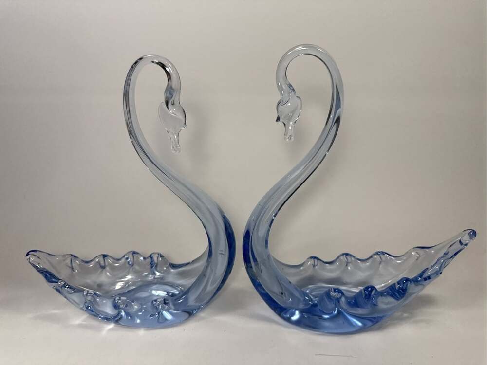 Mcm Pair Of Whitefriars Blue Art Glass Blown Glass Swans